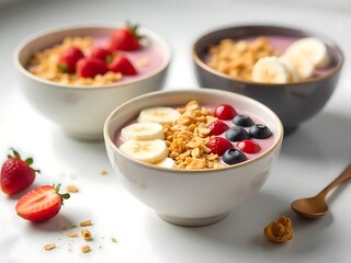 Vibrant smoothie bowls with acai, granola, banana slices, and coconut flakes, pastel-colored bowls, soft shadow effect.