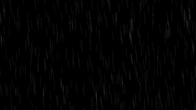 Heavy rain falling on black background. Raining overlay 4K loopable video animation.