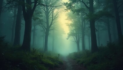 Naklejka premium Mystical forest illustration. Dense trees shrouded fog mist create magical atmosphere. Light shines path, leading viewer further in woods. Nature illustration art evokes dream fantasy.
