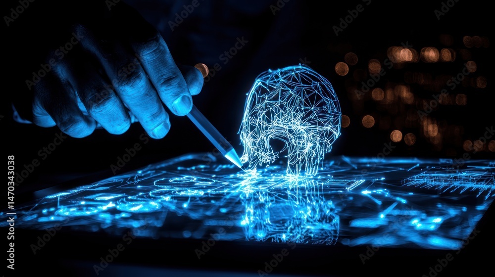 Poster hand using digital stylus to design a holographic skull image