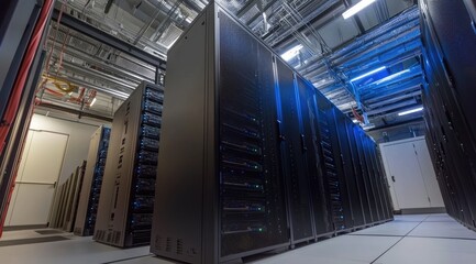 High-tech server room filled with modern cabinets and overhead wiring, suitable for database, cloud storage, and infrastructure service materials