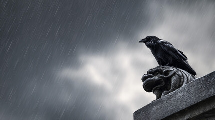 Raven perched on a gargoyle against a stormy sky during a rainstorm