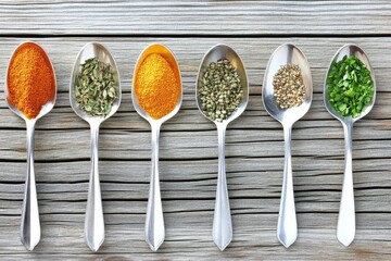Colorful spices in spoons on a wooden surface
