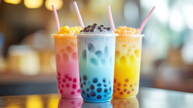 Vibrant colorful bubble tea drinks in plastic cups.  Layers of colorful drinks with tapioca pearls