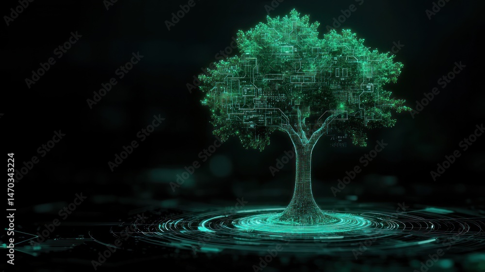 Poster digital futuristic tree with electronic circuit board design