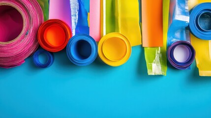Vibrant collection of colorful adhesive tapes on a bright blue background