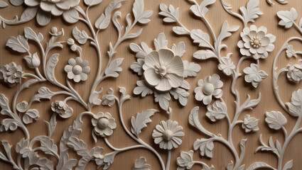 Elegant white floral design on wooden background features ornate relief carvings. Sophisticated three-dimensional flower pattern with delicate petals, leaves, branches. Romantic, classic style