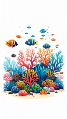 Vibrant underwater world featuring colorful coral reefs and schools of tropical fish swimming in the ocean