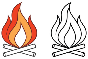 Colored bonfire flame over crossed firewood logs is presented with line art version