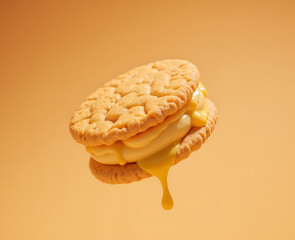 Cream Filled Sandwich Cookie with Dripping Filling on Orange Background – Dessert Food Photography