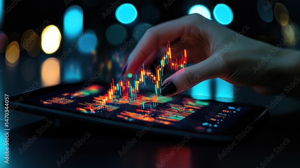 Poster a hand touching and analyzing financial data on a tablet