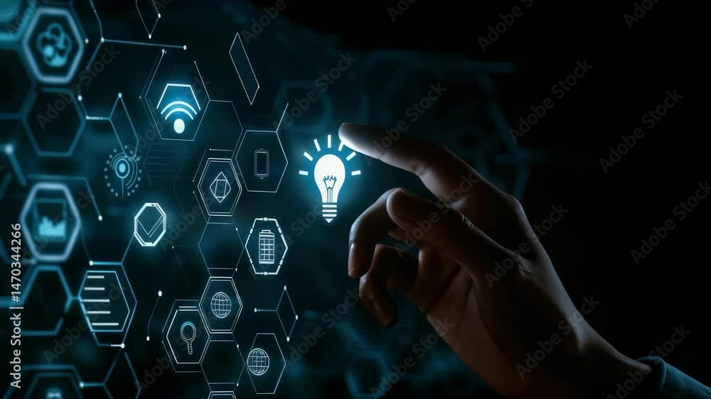 Poster a hand interacts with a glowing digital interface, featuring a bright lightbulb icon and other tech 