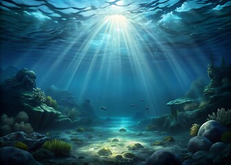 Fototapeta premium Sunbeams Illuminate Underwater Scene with Rocks and Coral