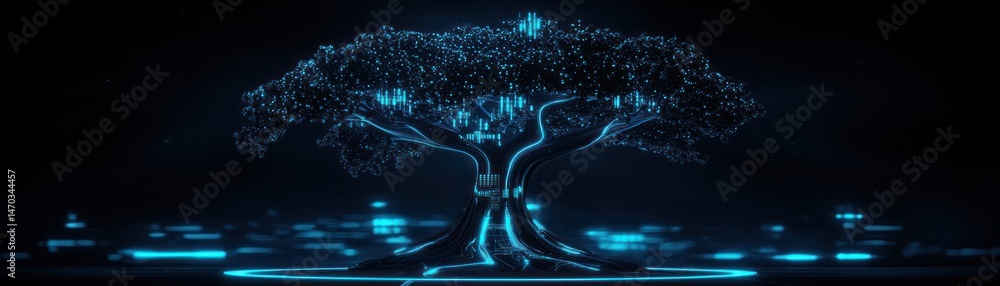 Poster A digital representation of a glowing tree in a dark environment