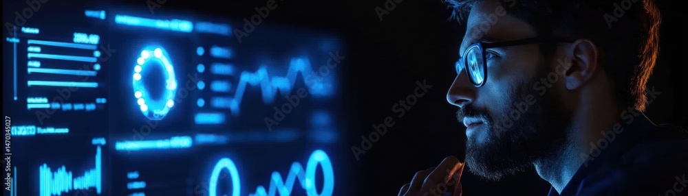 Poster A bearded man with glasses analyzing complex computer data