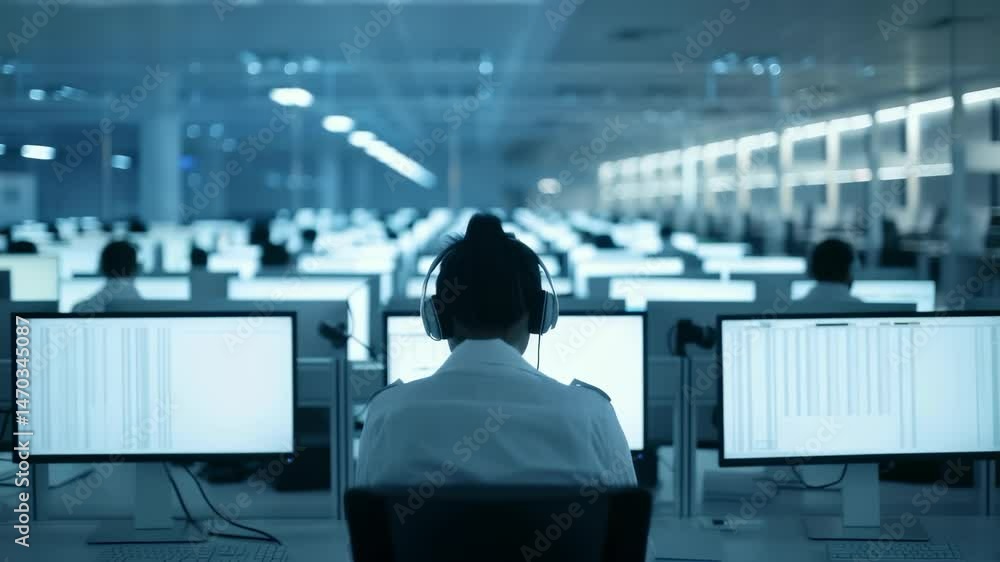 Poster this image depicts large, modern office space filled with rows of computer workstations. an individu