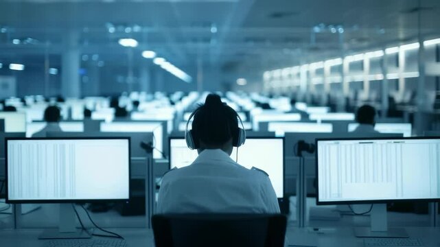 This image depicts large, modern office space filled with rows of computer workstations. An individual wearing headphones is seen from behind, working at one of computers. The lighting is cool , blue.