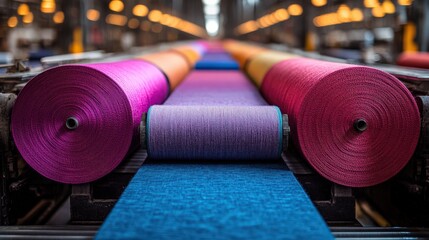 Vibrant textile production abstract featuring colorful yarn rolls and fabric flow