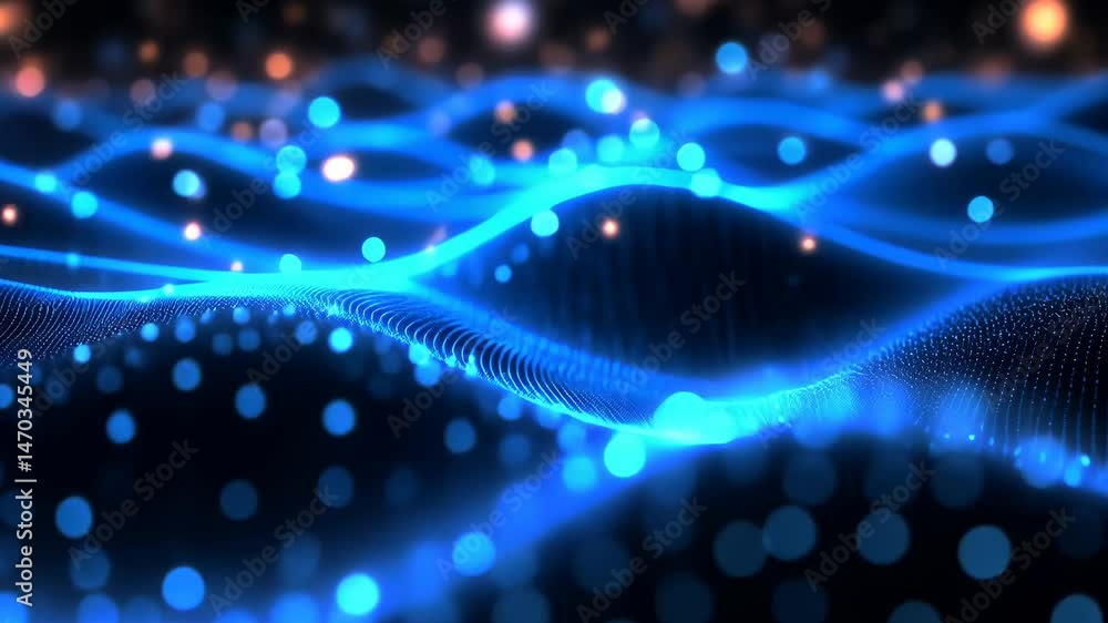 Poster glowing blue waves of light create mesmerizing digital landscape with abstract patterns