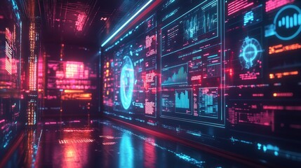 Futuristic data wall in a neon-lit corridor