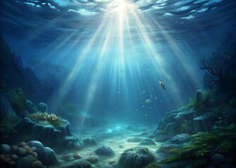 Fototapeta premium Sunbeams Illuminate Serene Underwater Seascape with Rocks and Coral