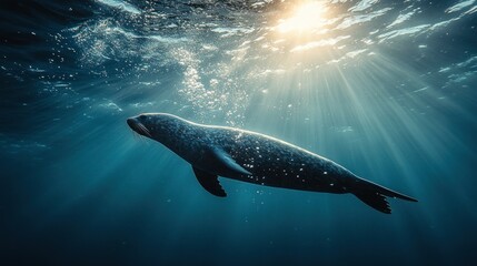 Fototapeta premium Ocean seal glides underwater, sunbeams