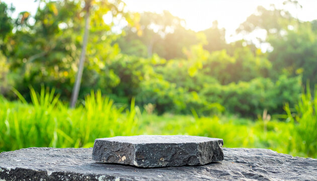 Gray stone podium, table top outdoors with tropical forest. Green leaves. Blurred natural backdrop.