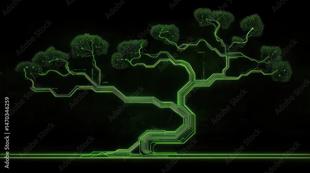 Poster a digital tree created with circuit board designs and greenery