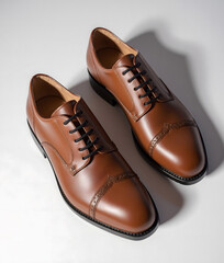 brown leather shoes, on white surface