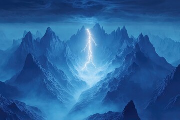 A powerful lightning bolt strikes down into a deep valley between majestic, fog-shrouded mountains.