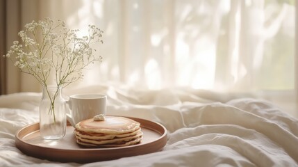 Cozy breakfast setting with pancakes and flowers on a bed