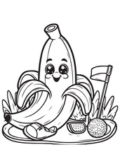 Coloring book banana playing golf on a tee with a flag