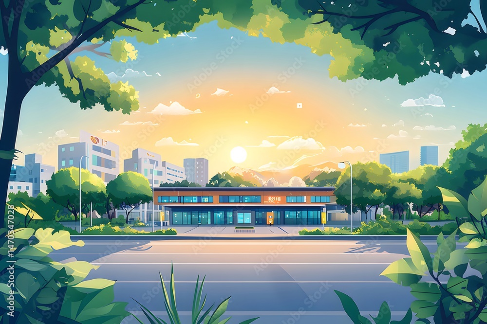 Poster 都市部の建物を背景にした緑豊かな木々と晴れた空の風景 鮮やかな色彩と暖かい光に包まれた都会の夏の風景