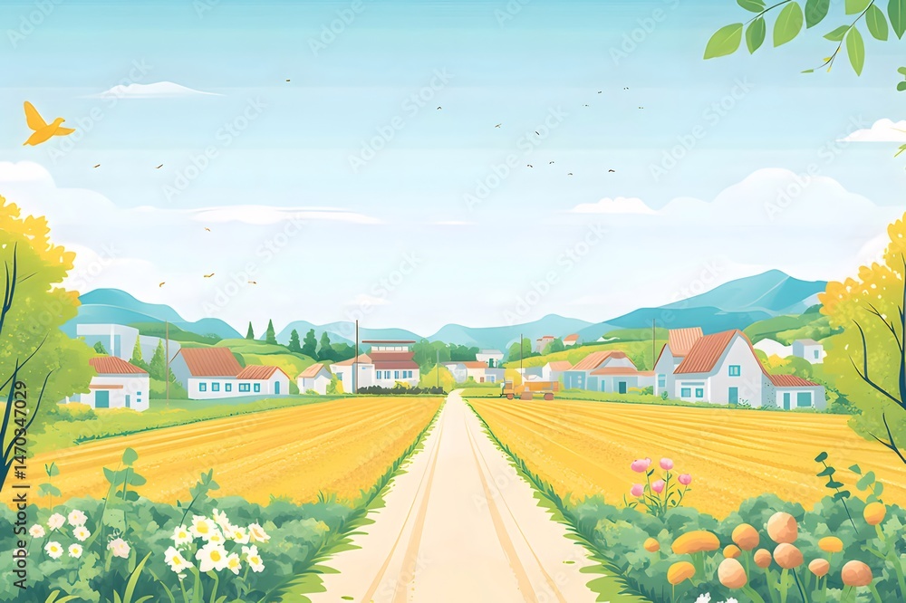 Aufkleber 夏の田舎道の風景 青空と緑の木々 黄金色の畑と可愛らしい家並みが続く穏やかな道の景色