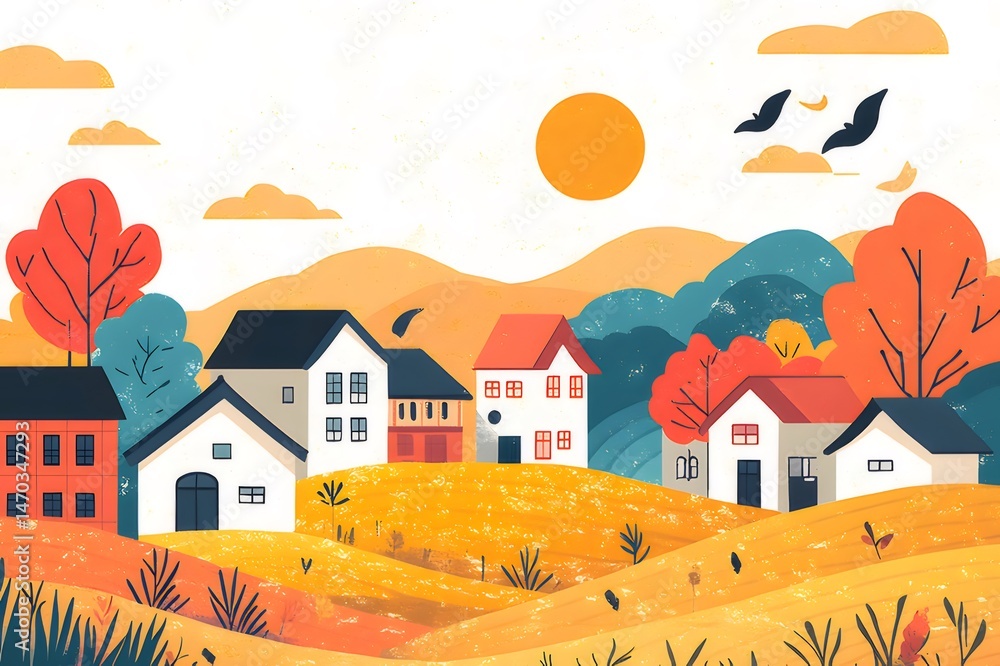 Aufkleber 秋の村の風景 オレンジと白の家々 山の背景 鳥が飛ぶ 穏やかな雰囲気のイラスト