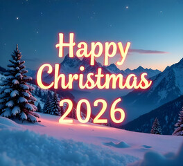 1. text="Happy Christmas 2026" on a snowy mountain range background with festive tree lights and a clear starry sky. Stylish sans-serif font, 72 pt, perfectly centered with balanced tracking and a war