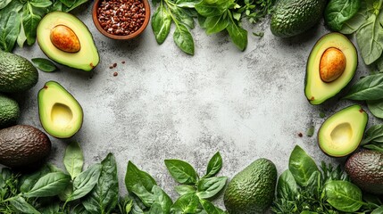 Fresh avocado and herbs arrangement on textured background for culinary inspiration