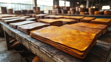 Textured leather sheets stacked neatly in a workshop environment reflecting craftsmanship and material quality