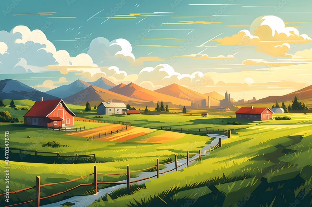 Aufkleber 緑の畑と赤い屋根の家々が広がる農村風景 雲が浮かぶ空と山々が背景 絵画のような穏やかな田園風景