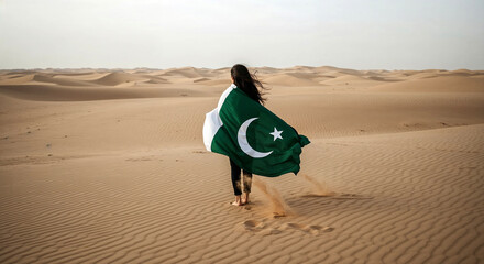Woman with Pakistani Flag Walking in Desert Winds  