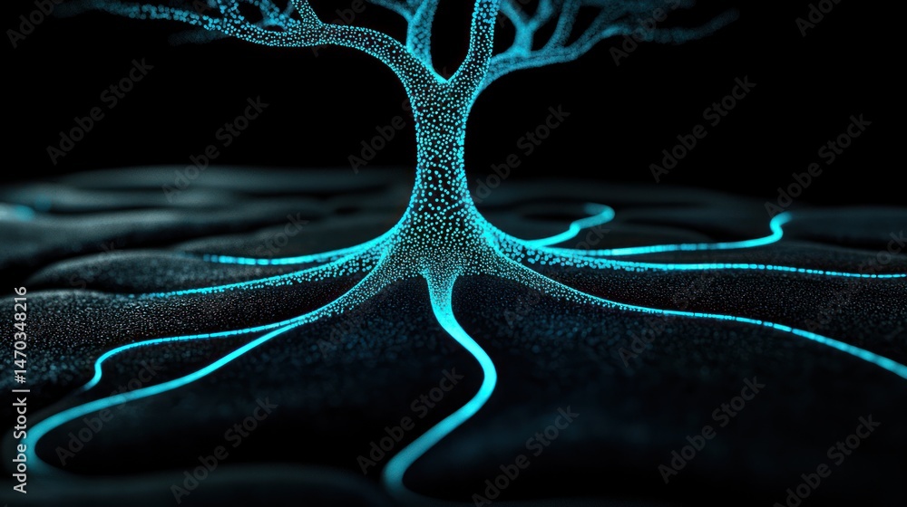 Poster a glowing blue tree with roots extending into dark ground