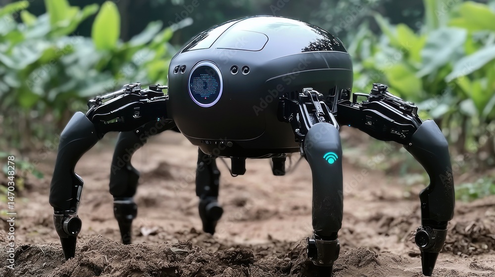 Aufkleber a black robot with multiple legs stands in an outdoor field