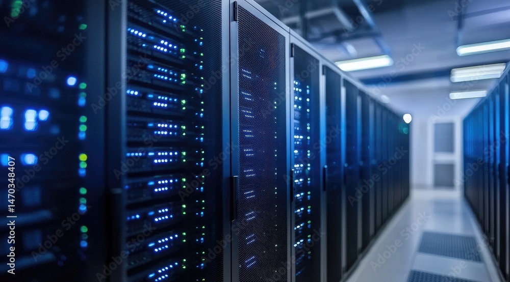 Poster High-tech server corridor with rows of glowing network racks, ideal for topics on big data, cloud computing, and modern AI-driven infrastructure
