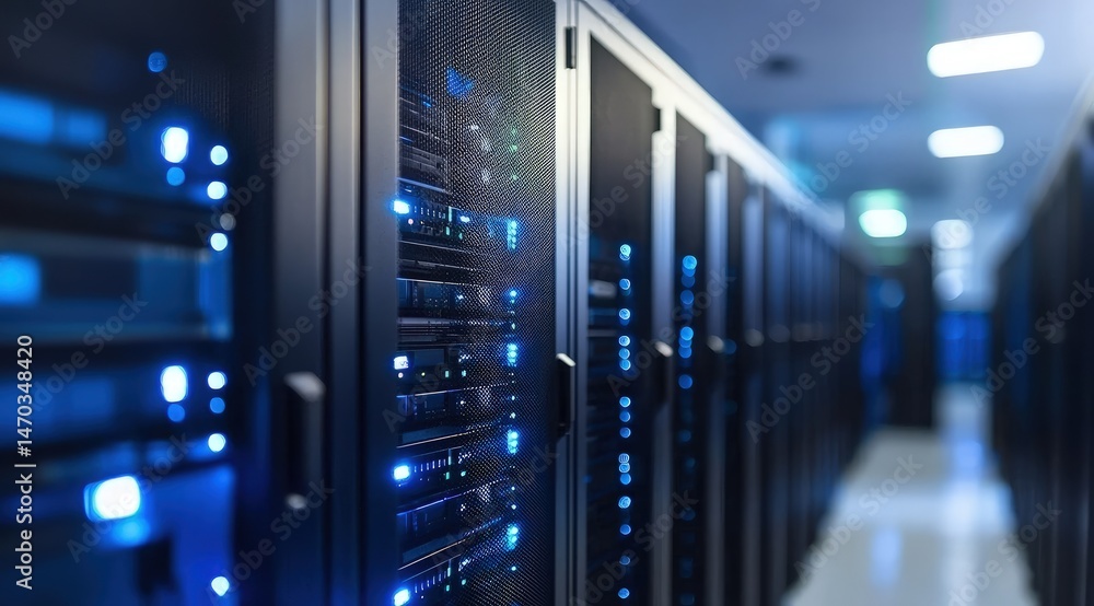 Poster Illuminated server racks in a modern data center with glowing status lights, emphasizing secure digital infrastructure and enterprise technology systems