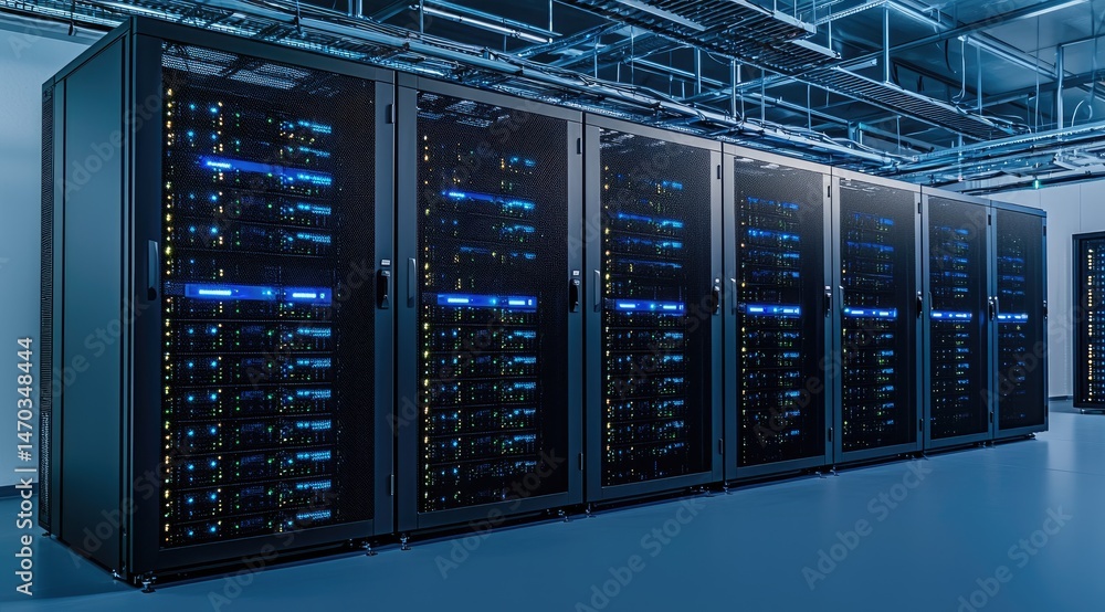 Poster Long corridor lined with secure server cabinets glowing with blue lights in a data center, suitable for illustrating cloud services and IT infrastructure
