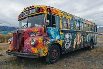 Colorful School Bus Featuring a Mural of Renowned Scientists and Inventors Seen in a Rural Landscape on an Overcast Day