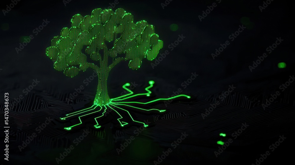 Poster Green circuit tree with illuminated digital roots on black background