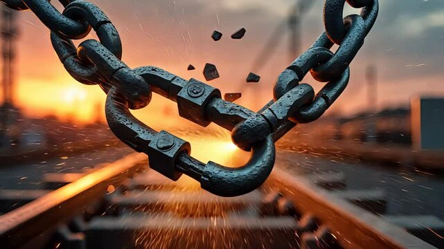 Heavy metal chain breaking apart with sparks and debris flying in an industrial setting at sunset with railway tracks and construction cranes

