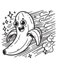 Coloring book banana speeding through the air with streaks and stars