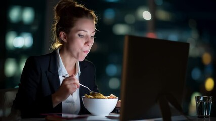 Professional working late, eating takeout noodles near laptop screen in dimly lit office